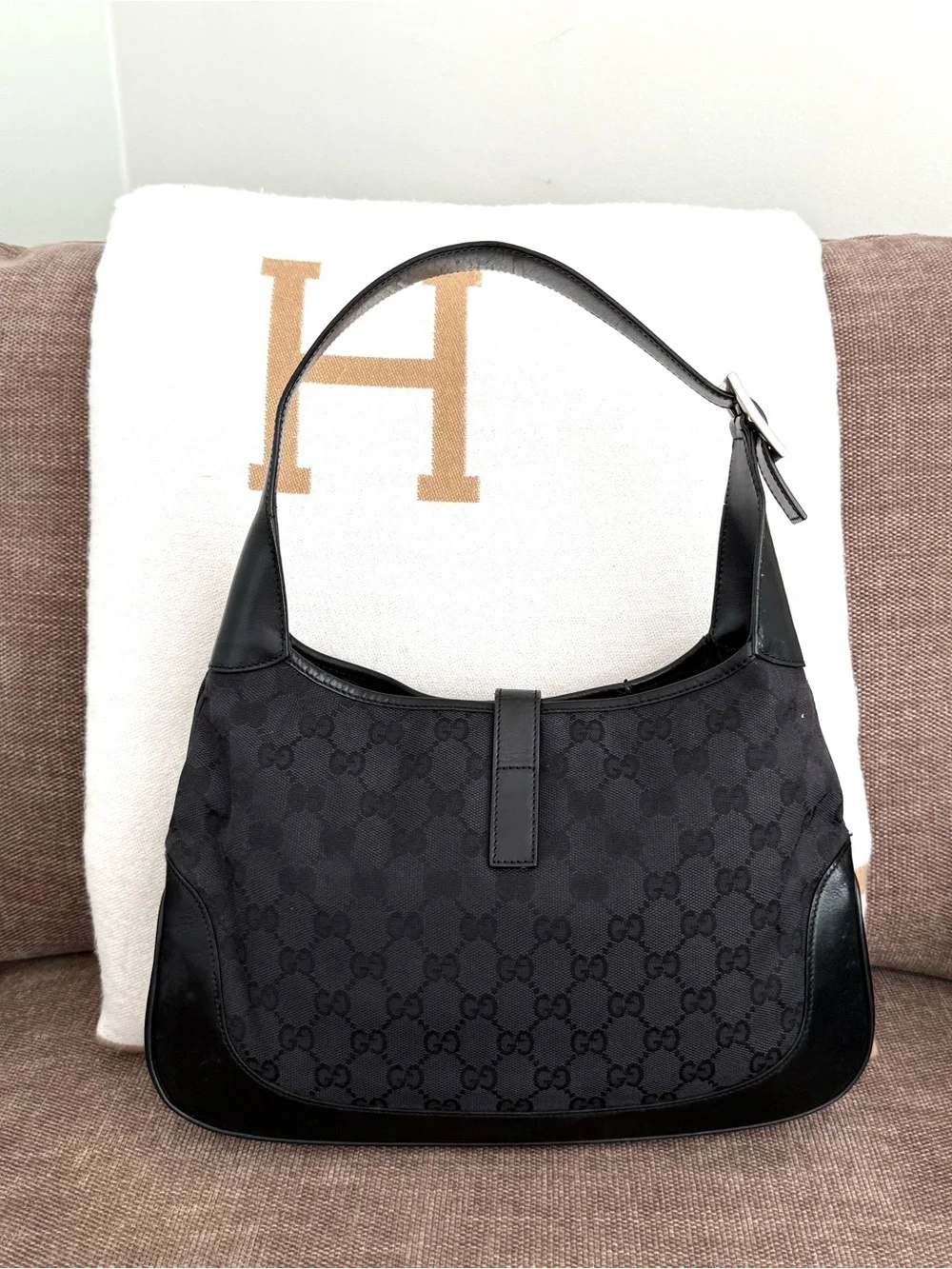 Gucci authentic Jackie hobo bag black monogram canvas black leather shoulder bag